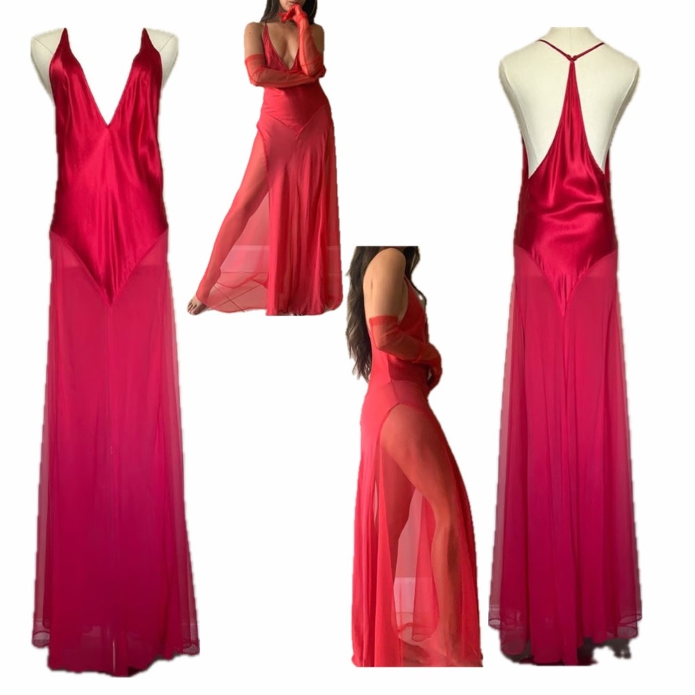 Rare Vintage Y2K 100% Red Silk Victoria's Secret w/ Tulle Slip Dress Gown XS